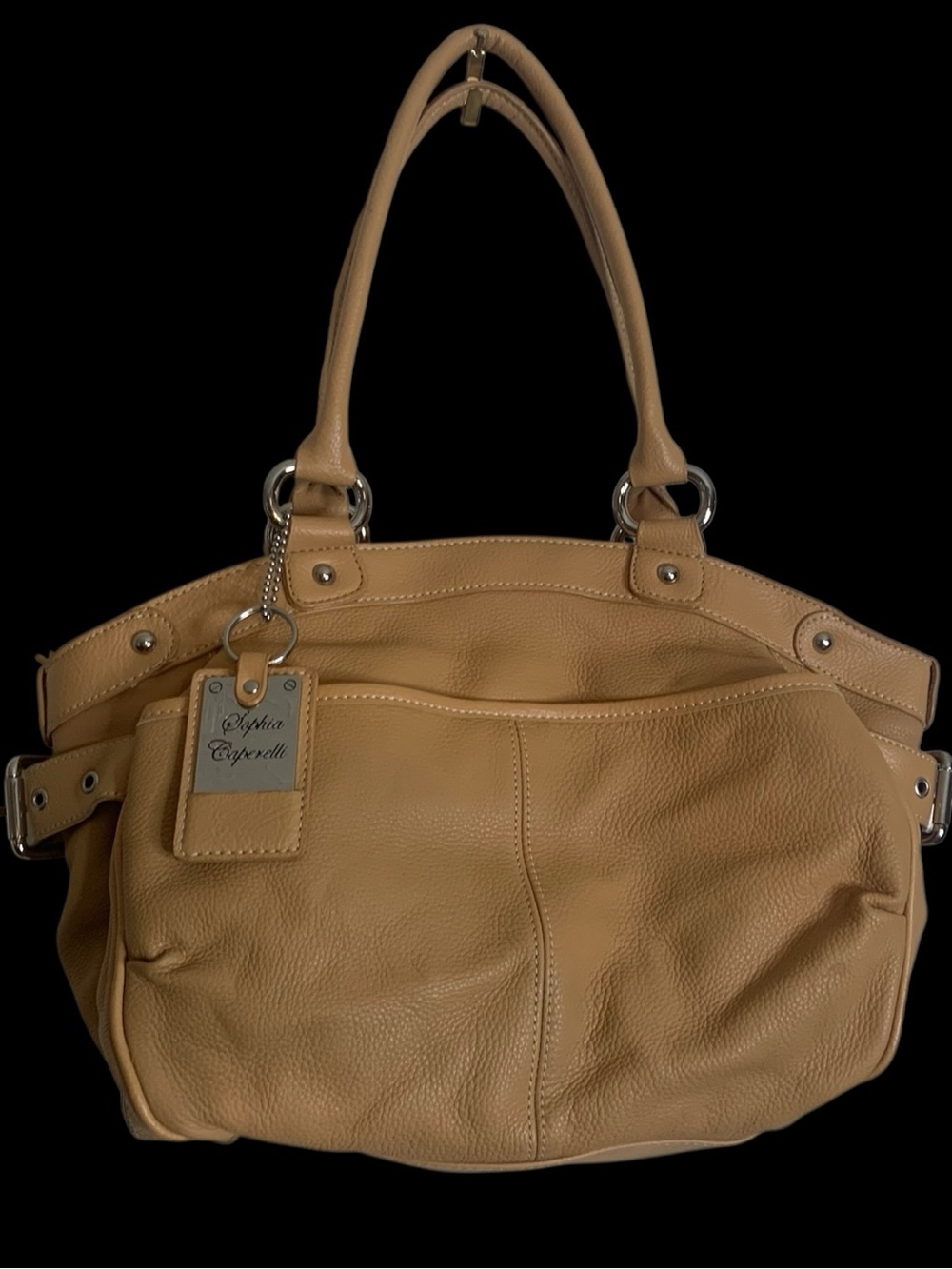 Sophia Caperelli Tan Pebbled Leather Hobo Satchel Shoulder Bag w/ Side Buckles